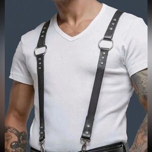 Men’s Unisex Black Faux Leather Suspenders